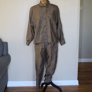 Vtg 90s Chaus Green Cotton Sateen Pant Slacks Shirt Jacket 2 Pc Set Women’s S